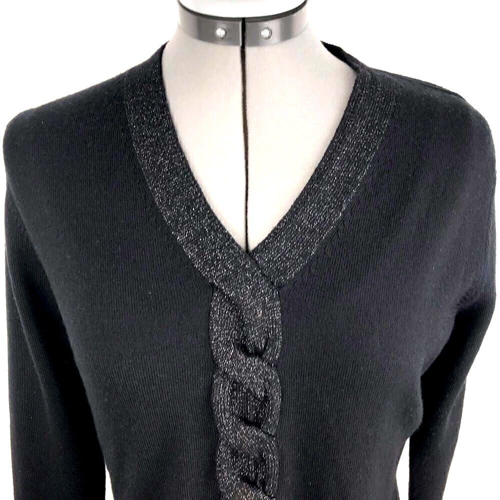 Kate Hill Black Merino Wool V neck Sweater with Metallic Chain Braid Trim